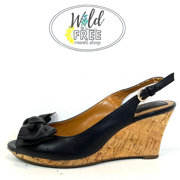 Clarks Bow Peep Toe Cork Wedge platform Heel Sandal- Black Leather -Women 7.5 - Picture 2 of 8